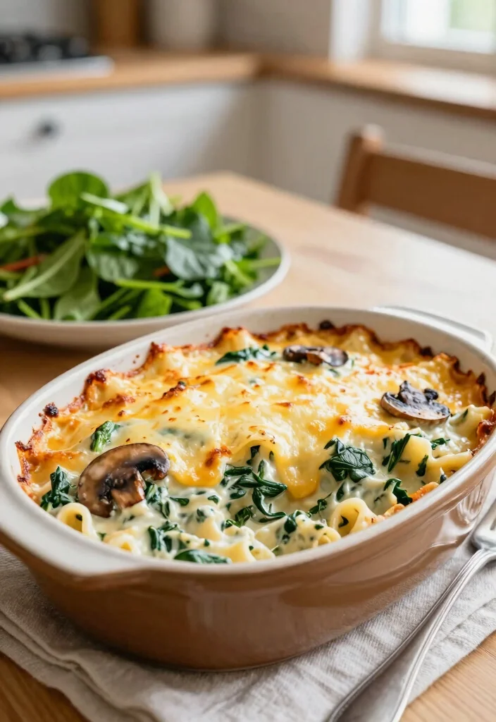 12 Dump and Bake Dinner Recipes for Easy Nights 3. Creamy Mushroom and Spinach Pasta Bake 0